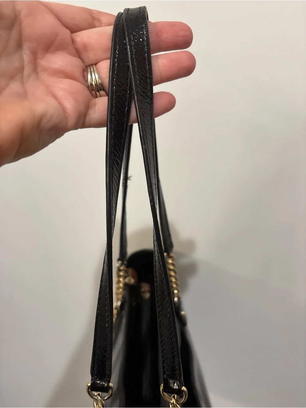 Michael Kors Black Patent Tote with Gold Chain Accents and Cherry Charm